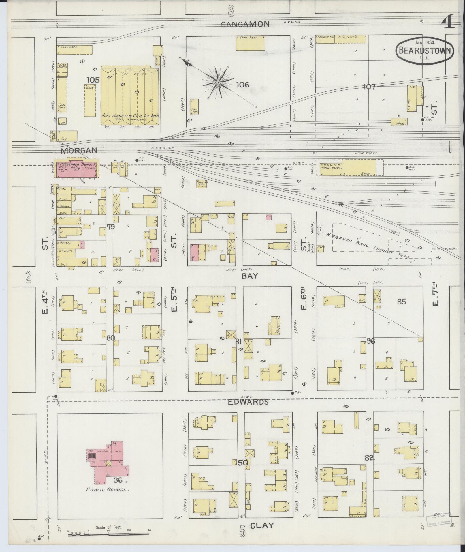 Sanborn Fire Insurance Map from Beardstown, Cass County, Illinois (1894), Sheet #0004 - Historic Sanborn Fire Insurance Map Print, vintage old map wall art, antique decor, genealogy gift, Illinois Illinois map