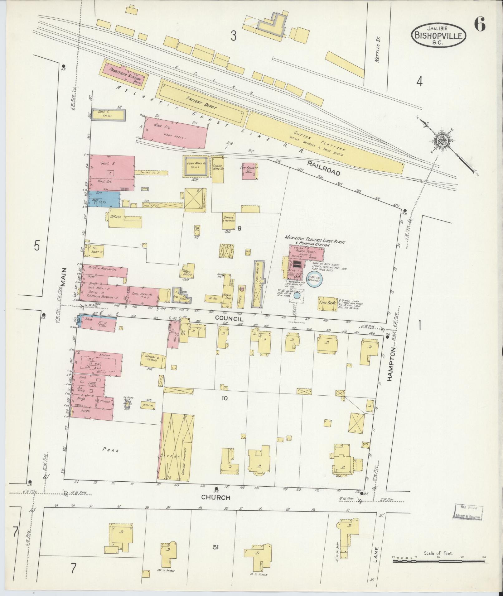 Sanborn Fire Insurance Map from Bishopville, Lee County, South Carolina (1916), Sheet #0006 - Historic Sanborn Fire Insurance Map Print, vintage old map wall art, antique decor, genealogy gift, South Carolina South Carolina map