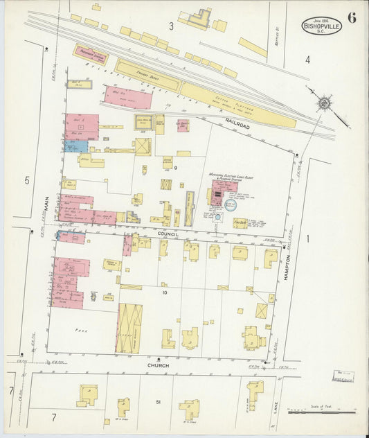Sanborn Fire Insurance Map from Bishopville, Lee County, South Carolina (1916), Sheet #0006 - Historic Sanborn Fire Insurance Map Print, vintage old map wall art, antique decor, genealogy gift, South Carolina South Carolina map