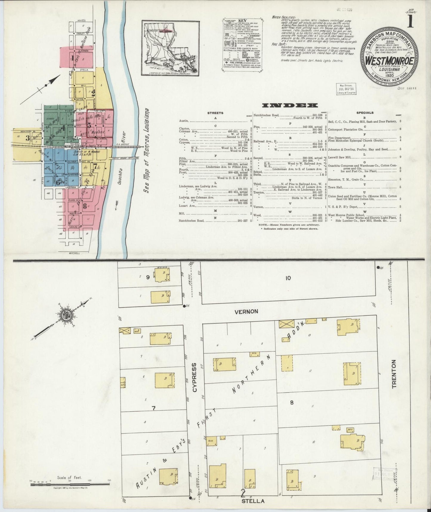 Sanborn Fire Insurance Map from West Monroe, Ouachita Parish, Louisiana. (1920) – Historic Sanborn Fire Insurance Map Print