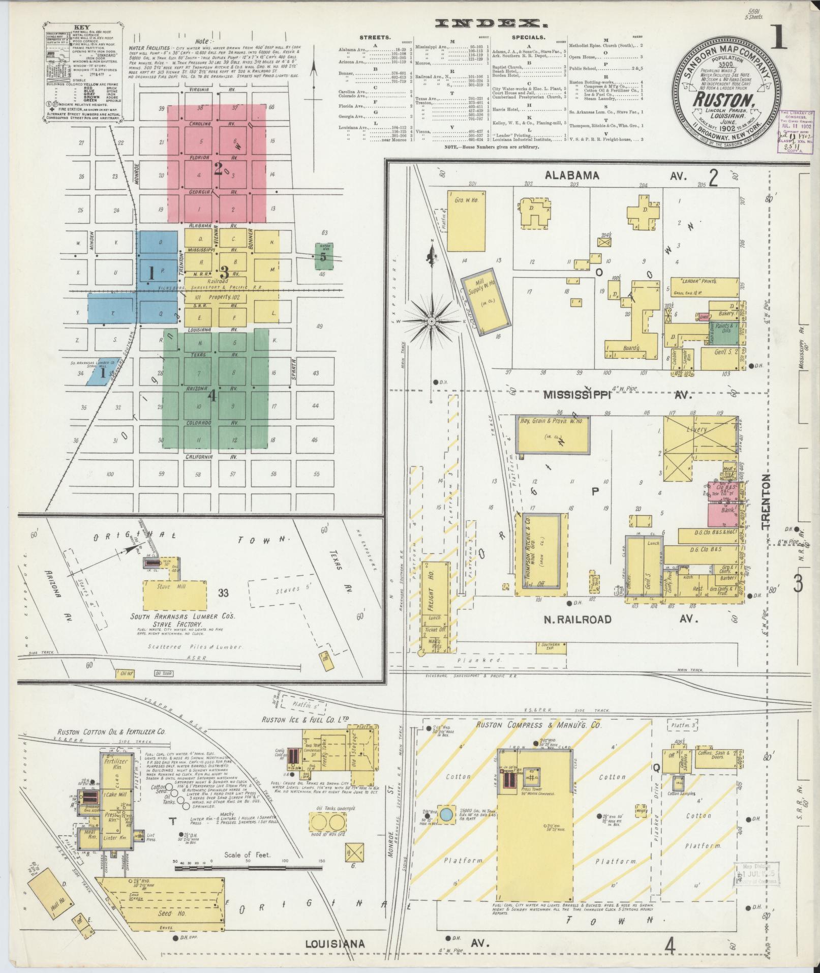 Sanborn Fire Insurance Map from Ruston, Lincoln Parish, Louisiana (1902), Sheet #0001 - Historic Sanborn Fire Insurance Map Print, vintage old map wall art, antique decor, genealogy gift, Louisiana Louisiana map