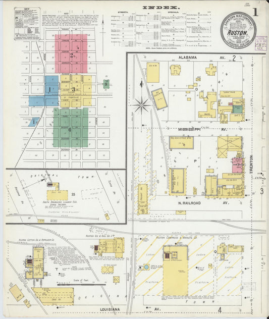 Sanborn Fire Insurance Map from Ruston, Lincoln Parish, Louisiana (1902), Sheet #0001 - Historic Sanborn Fire Insurance Map Print, vintage old map wall art, antique decor, genealogy gift, Louisiana Louisiana map