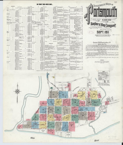 Sanborn Fire Insurance Map from Portsmouth, Scioto County, Ohio (1911), Sheet #0001 - Historic Sanborn Fire Insurance Map Print, vintage old map wall art, antique decor, genealogy gift, Ohio Ohio map