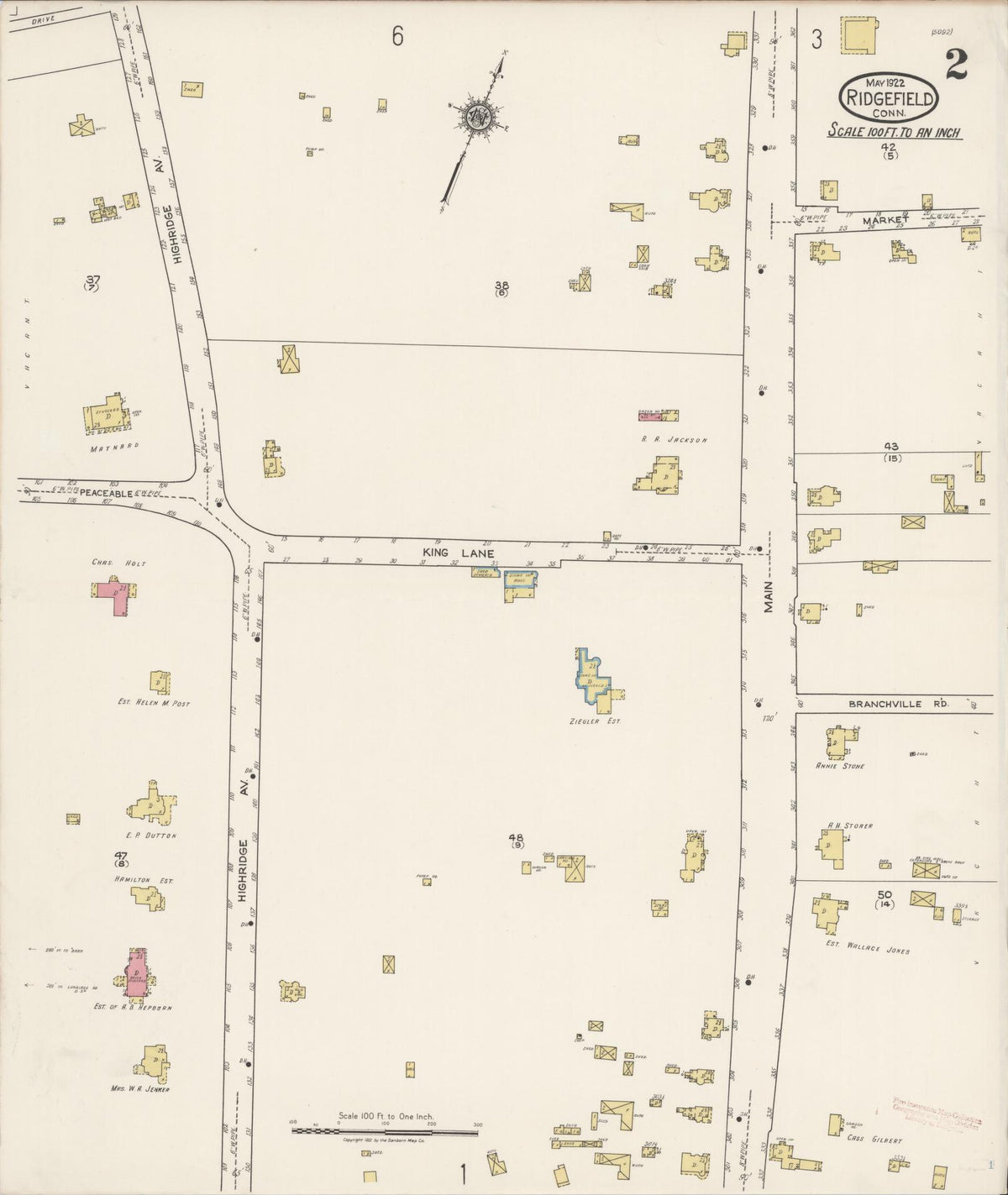 Sanborn Fire Insurance Map from Ridgefield, Fairfield County, Connecticut (1922), Sheet #0002 - Historic Sanborn Fire Insurance Map Print, vintage old map wall art, antique decor, genealogy gift, Connecticut Connecticut map