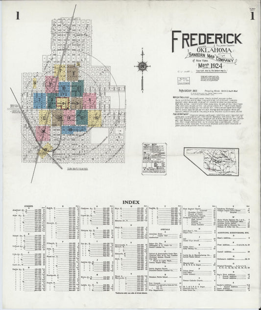 Sanborn Fire Insurance Map from Frederick, Tillman County, Oklahoma (1924), Sheet #0001 - Complete Map Set gallery image, historic Sanborn map, vintage wall art, Oklahoma Oklahoma