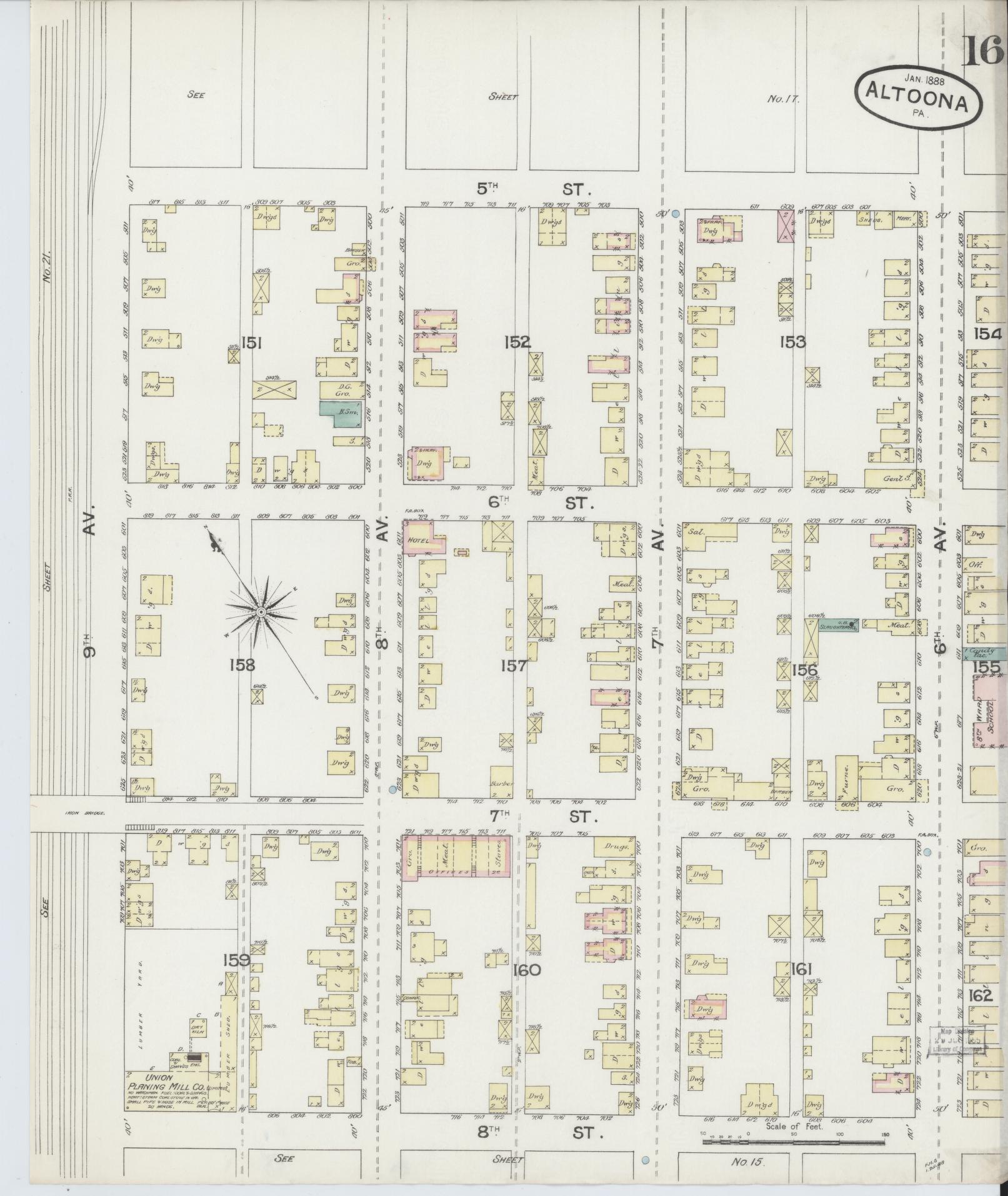 Sanborn Fire Insurance Map from Altoona, Blair County, Pennsylvania (1888), Sheet #0016 - Historic Sanborn Fire Insurance Map Print, vintage old map wall art, antique decor, genealogy gift, Pennsylvania Pennsylvania map