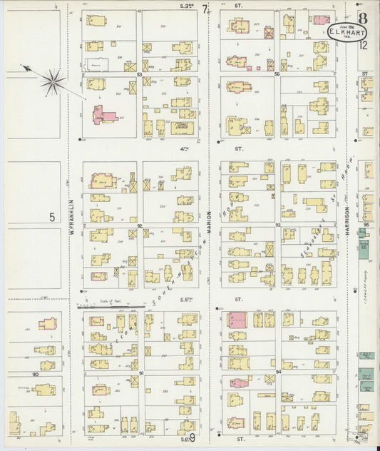 Sanborn Fire Insurance Map from Elkhart, Elkhart County, Indiana (1896), Sheet #0008 - Historic Sanborn Fire Insurance Map Print, vintage old map wall art, antique decor, genealogy gift, Indiana Indiana map