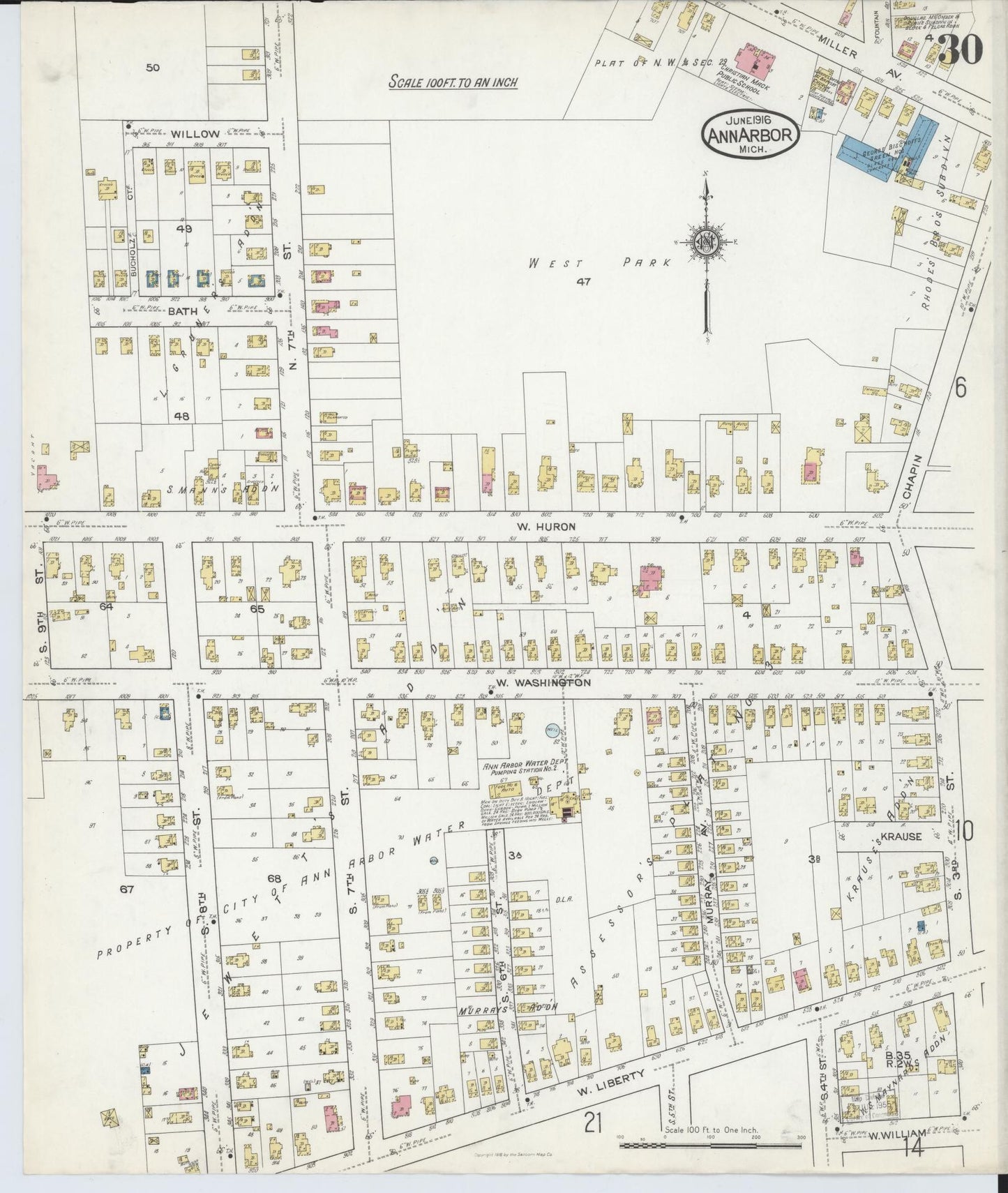 Sanborn Fire Insurance Map from Ann Arbor, Washtenaw County, Michigan (1916), Sheet #0030 - Historic Sanborn Fire Insurance Map Print, vintage old map wall art, antique decor, genealogy gift, Michigan Michigan map