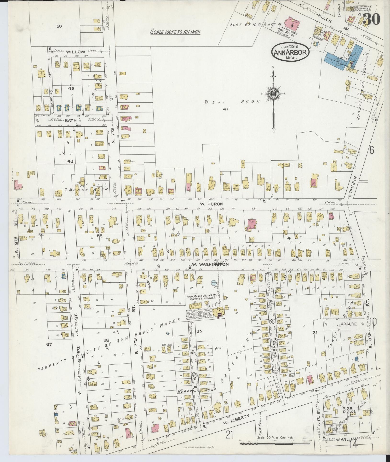 Sanborn Fire Insurance Map from Ann Arbor, Washtenaw County, Michigan (1916), Sheet #0030 - Historic Sanborn Fire Insurance Map Print, vintage old map wall art, antique decor, genealogy gift, Michigan Michigan map