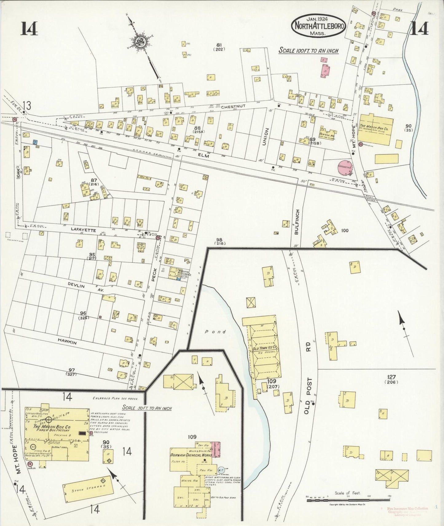 Sanborn Fire Insurance Map from North Attleborough, Bristol County, Massachusetts (1924), Sheet #0014 - Complete Map Set gallery image, historic Sanborn map, vintage wall art, Massachusetts Massachusetts