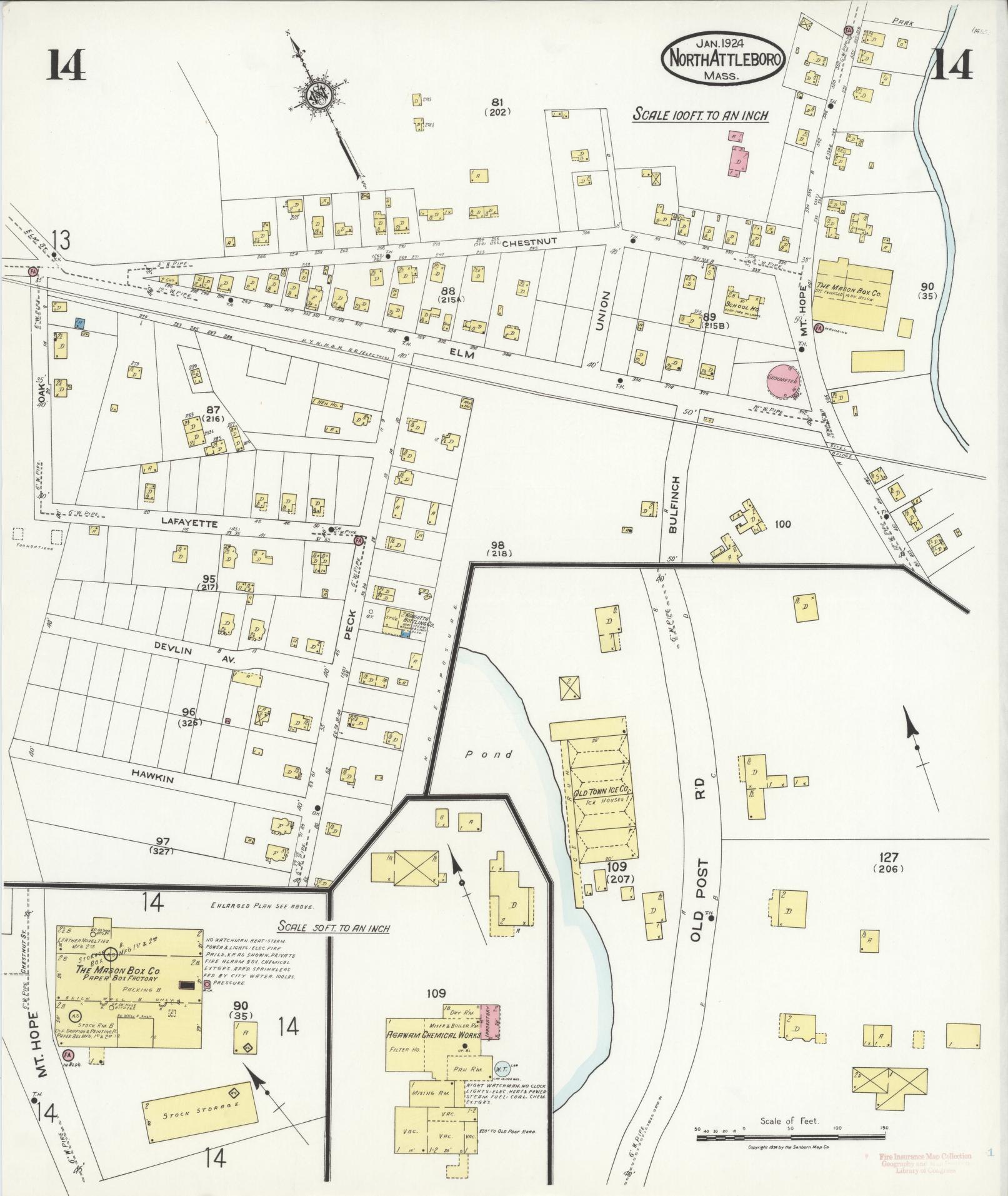 Sanborn Fire Insurance Map from North Attleborough, Bristol County, Massachusetts (1924), Sheet #0014 - Complete Map Set gallery image, historic Sanborn map, vintage wall art, Massachusetts Massachusetts