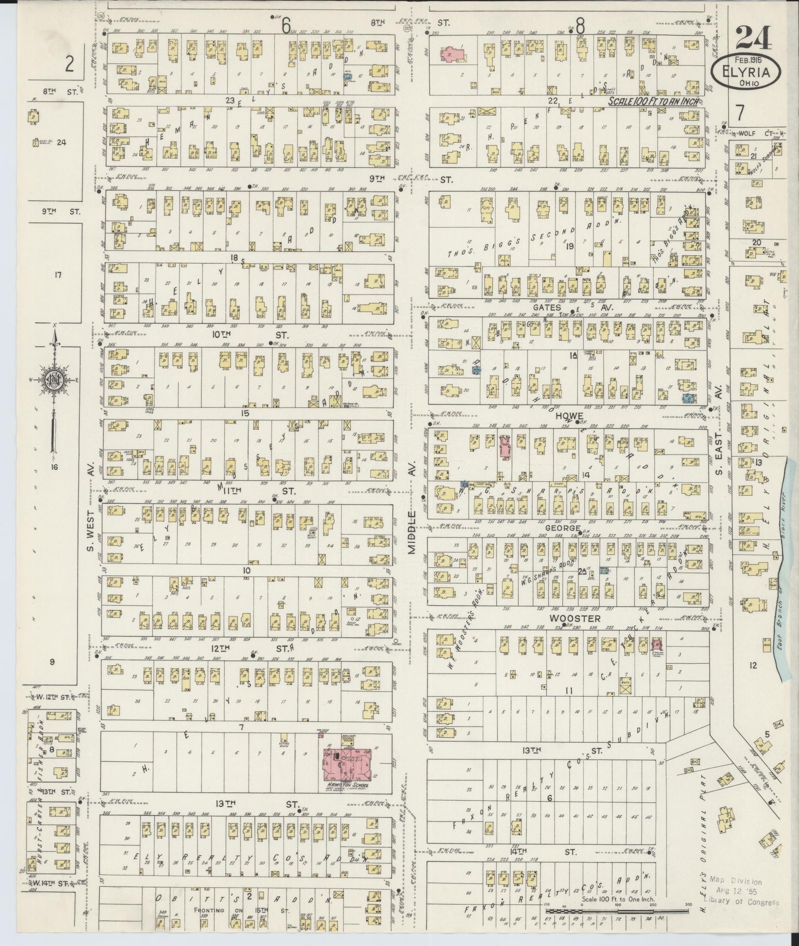 Sanborn Fire Insurance Map from Elyria, Lorain County, Ohio (1915), Sheet #0024 - Historic Sanborn Fire Insurance Map Print, vintage old map wall art, antique decor, genealogy gift, Ohio Ohio map