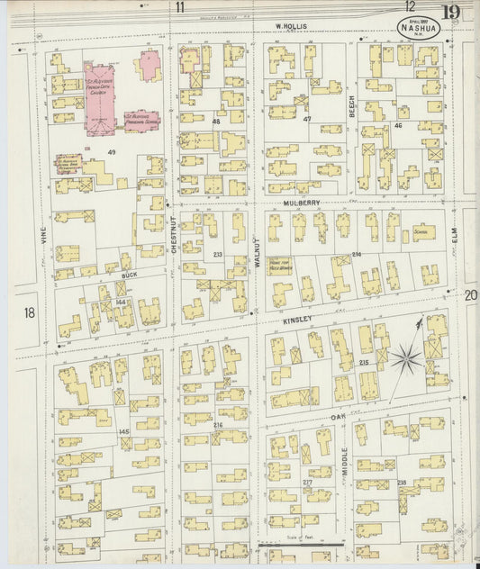 Sanborn Fire Insurance Map from Nashua, Hillsborough County, New Hampshire (1897), Sheet #0019 - Historic Sanborn Fire Insurance Map Print, vintage old map wall art, antique decor, genealogy gift, New Hampshire New Hampshire map