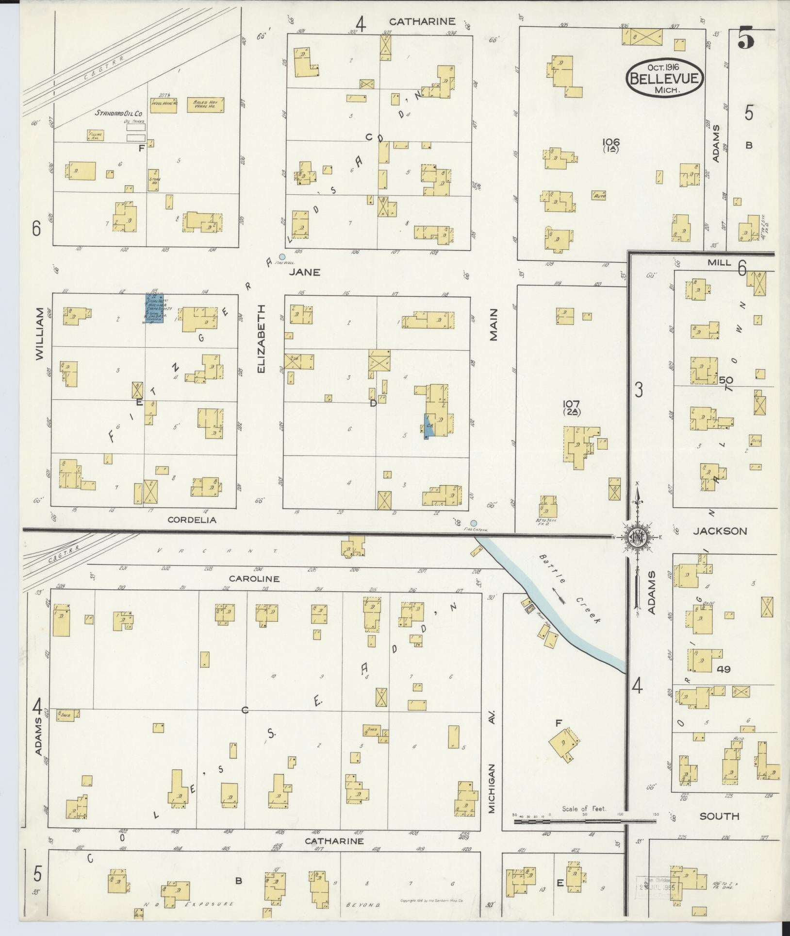 Sanborn Fire Insurance Map from Bellevue, Eaton County, Michigan (1916), Sheet #0005 - Historic Sanborn Fire Insurance Map Print, vintage old map wall art, antique decor, genealogy gift, Michigan Michigan map