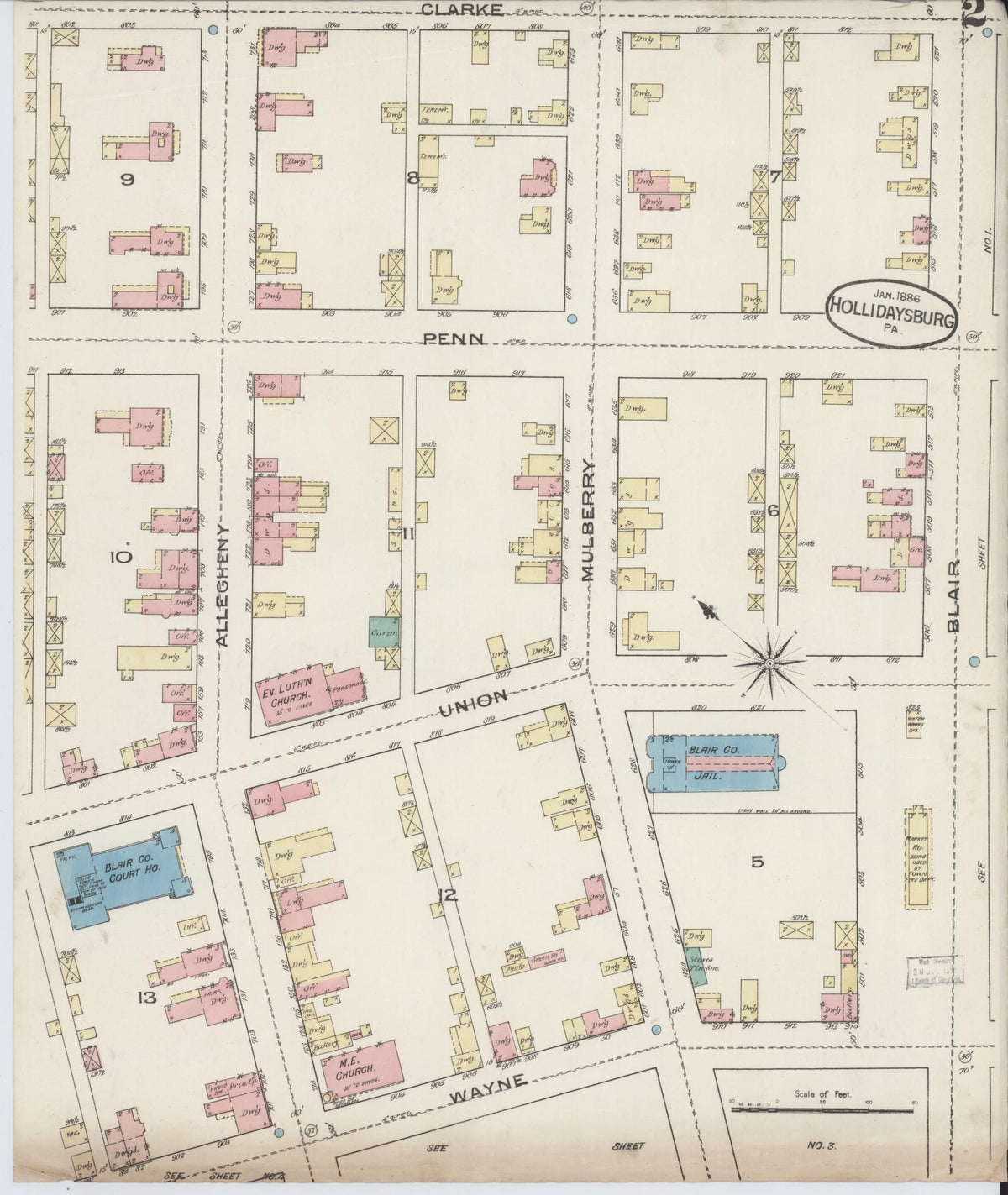 Sanborn Fire Insurance Map from Hollidaysburg, Blair County, Pennsylvania (1886), Sheet #0002 - Complete Map Set gallery image, historic Sanborn map, vintage wall art, Pennsylvania Pennsylvania
