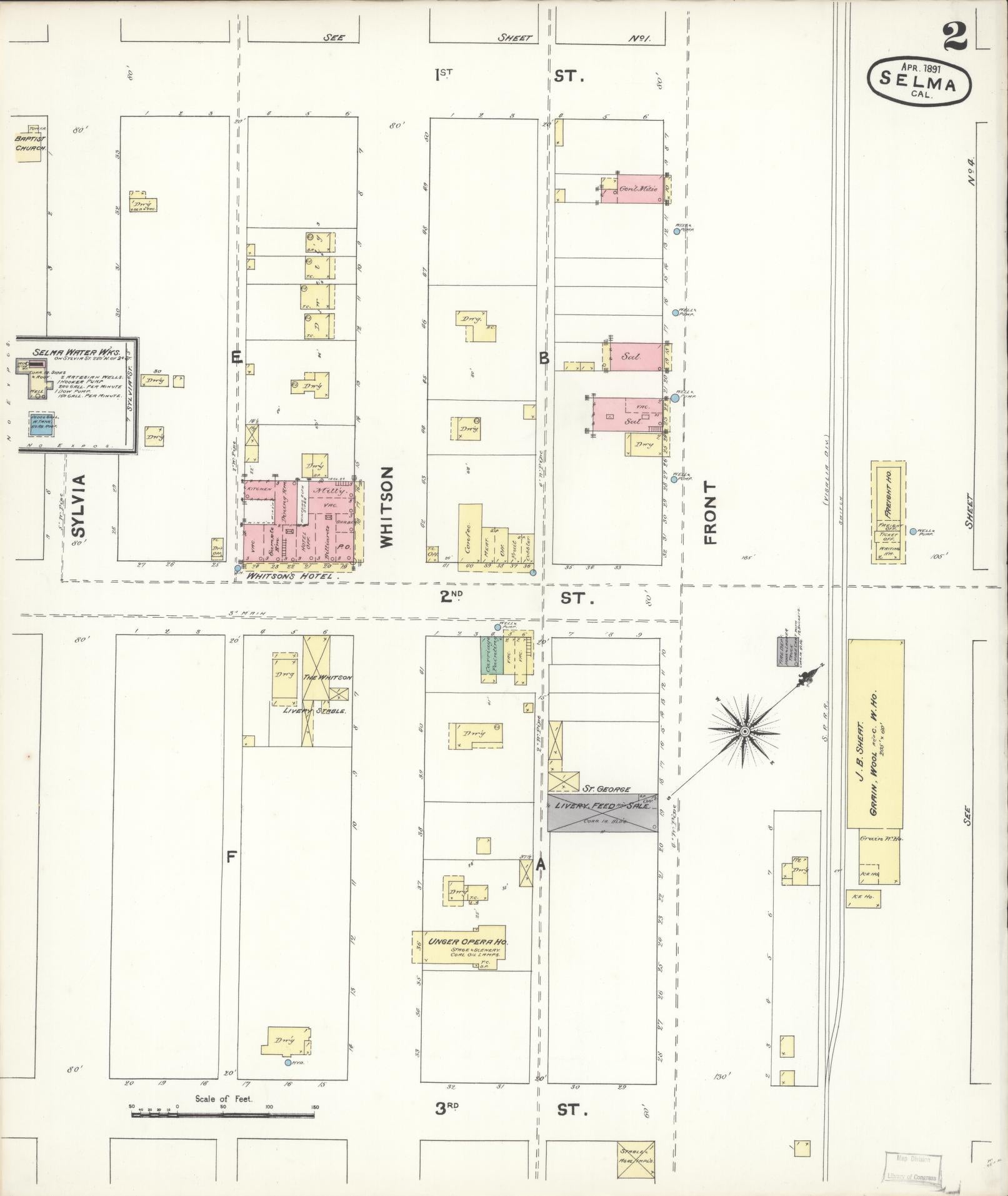 Sanborn Fire Insurance Map from Selma, Fresno County, California (1891), Sheet #0002 - Complete Map Set gallery image, historic Sanborn map, vintage wall art, California California