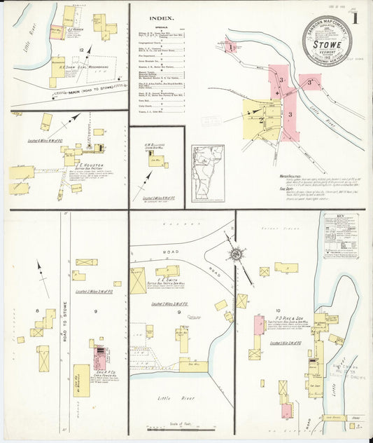 Sanborn Fire Insurance Map from Stowe, Lamoille County, Vermont (1912), Sheet #0001 - Historic Sanborn Fire Insurance Map Print, vintage old map wall art, antique decor, genealogy gift, Vermont Vermont map