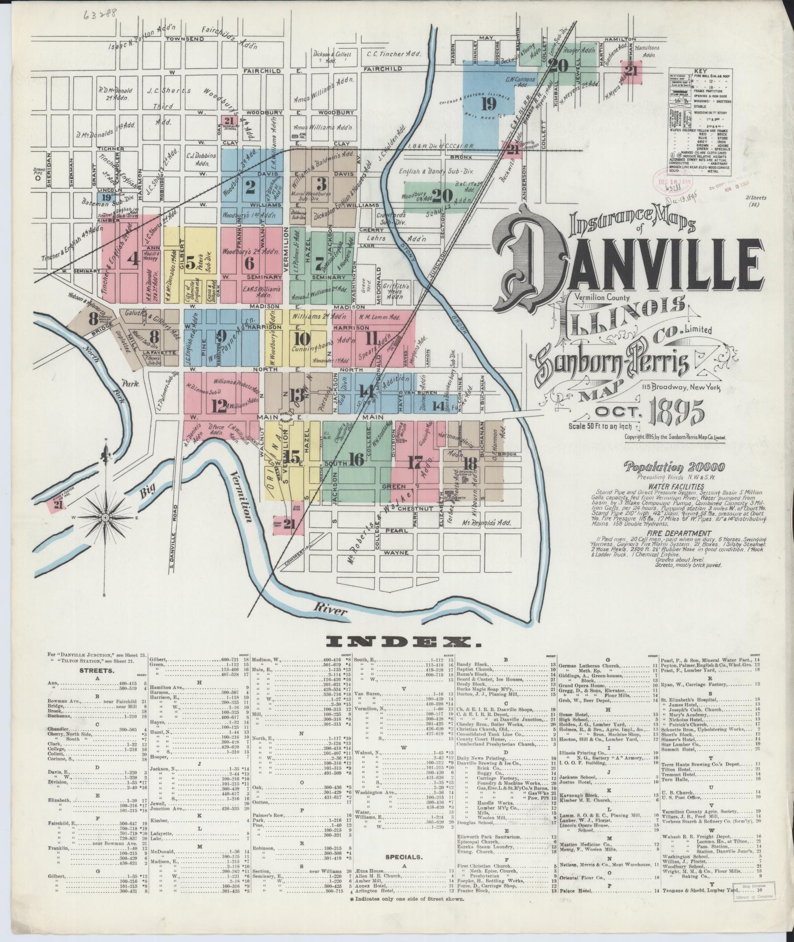 Sanborn Fire Insurance Map from Danville, Vermilion County, Illinois (1895), Sheet #0001 - Historic Sanborn Fire Insurance Map Print, vintage old map wall art, antique decor, genealogy gift, Illinois Illinois map