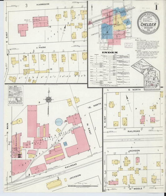 Sanborn Fire Insurance Map from Chelsea, Washtenaw County, Michigan (1918), Sheet #0001 - Complete Map Set gallery image, historic Sanborn map, vintage wall art, Michigan Michigan