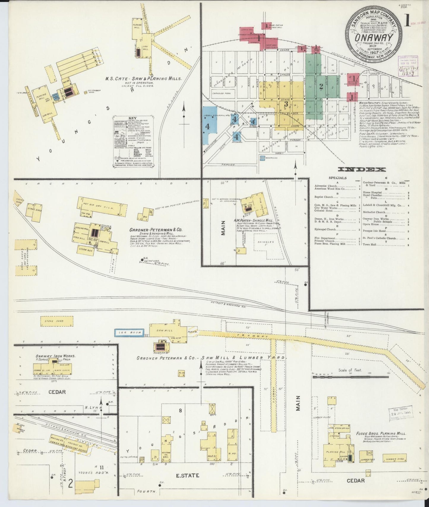 Sanborn Fire Insurance Map from Onaway, Presque Isle County, Michigan (1907), Sheet #0001 - Historic Sanborn Fire Insurance Map Print, vintage old map wall art, antique decor, genealogy gift, Michigan Michigan map