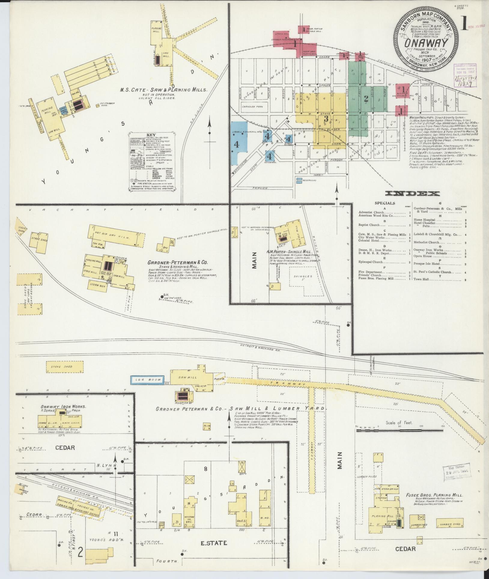 Sanborn Fire Insurance Map from Onaway, Presque Isle County, Michigan (1907), Sheet #0001 - Historic Sanborn Fire Insurance Map Print, vintage old map wall art, antique decor, genealogy gift, Michigan Michigan map