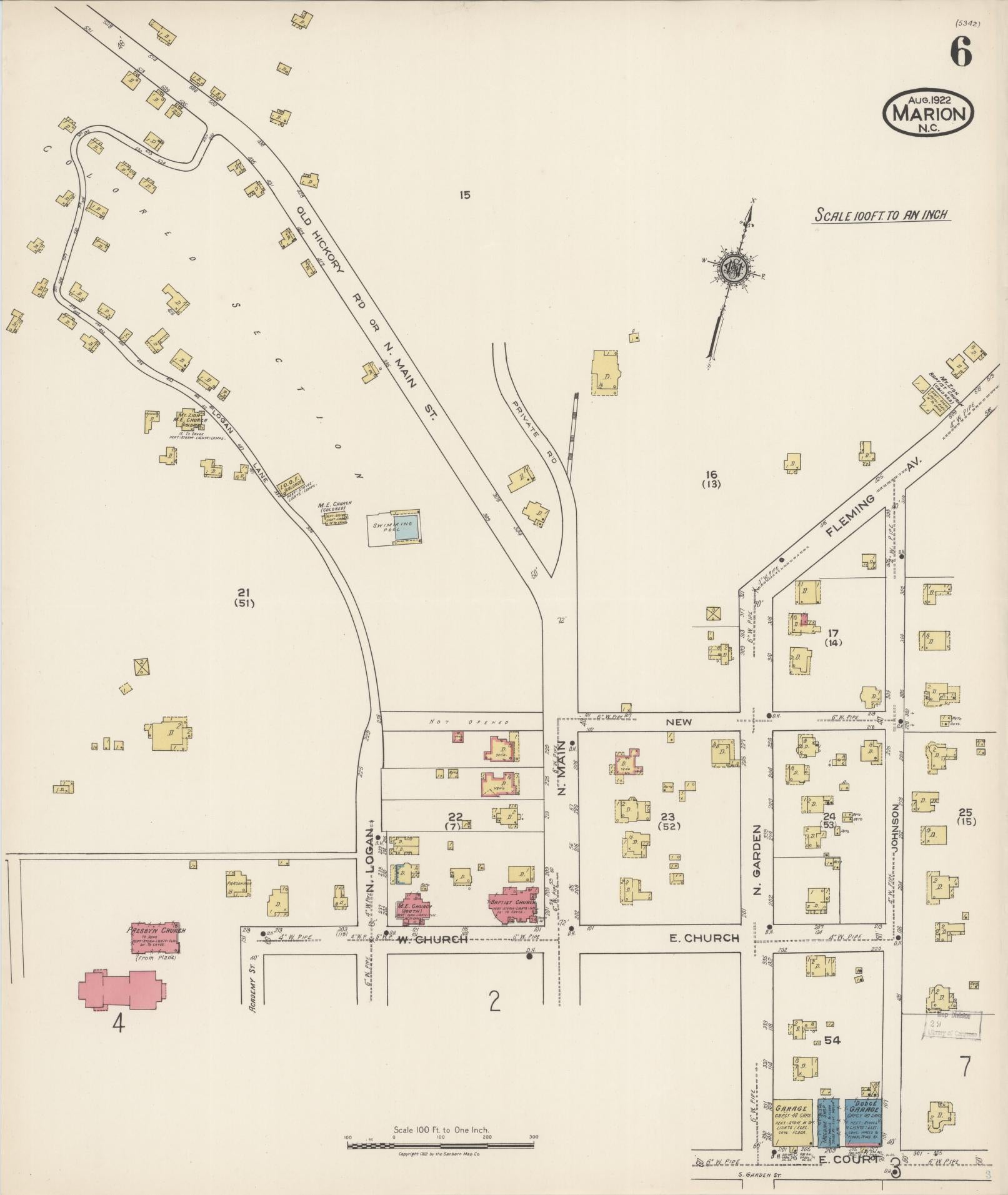 Sanborn Fire Insurance Map from Marion, Mcdowell County, North Carolina (1922), Sheet #0006 - Historic Sanborn Fire Insurance Map Print, vintage old map wall art, antique decor, genealogy gift, North Carolina North Carolina map