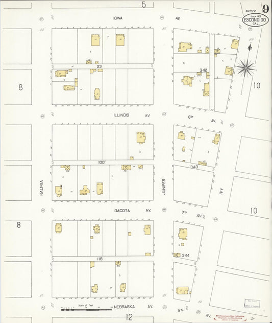 Sanborn Fire Insurance Map from Escondido, San Diego County, California (1907), Sheet #0009 - Historic Sanborn Fire Insurance Map Print, vintage old map wall art, antique decor, genealogy gift, California California map