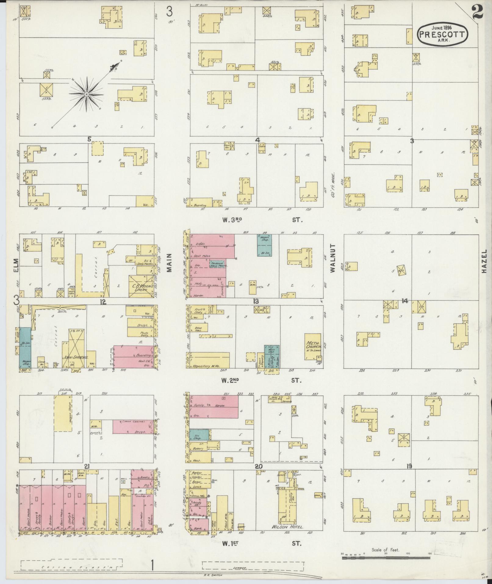 Sanborn Fire Insurance Map from Prescott, Nevada County, Arkansas (1896), Sheet #0002 - Complete Map Set gallery image, historic Sanborn map, vintage wall art, Prescott Nevada