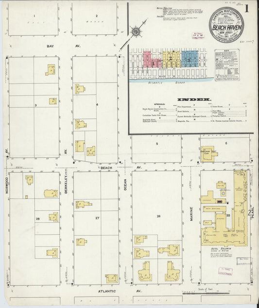 Sanborn Fire Insurance Map from Beach Haven, Ocean County, New Jersey (1911), Sheet #0001 - Historic Sanborn Fire Insurance Map Print, vintage old map wall art, antique decor, genealogy gift, New Jersey New Jersey map