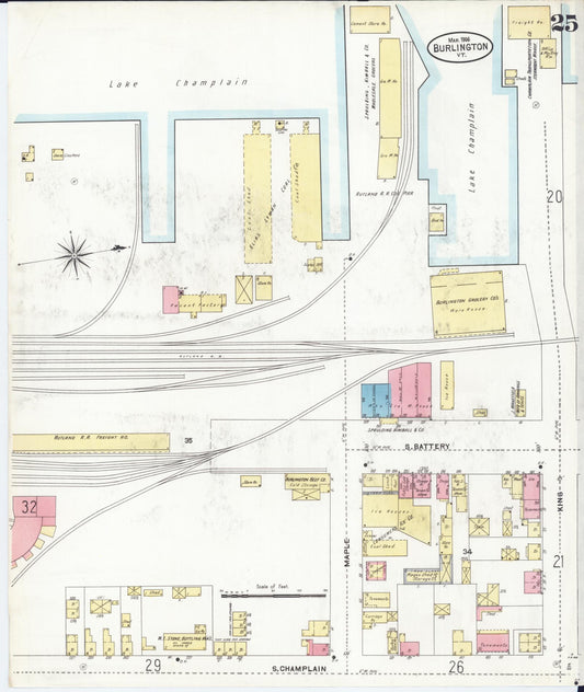 Sanborn Fire Insurance Map from Burlington, Chittenden County, Vermont (1906), Sheet #0025 - Historic Sanborn Fire Insurance Map Print, vintage old map wall art, antique decor, genealogy gift, Vermont Vermont map