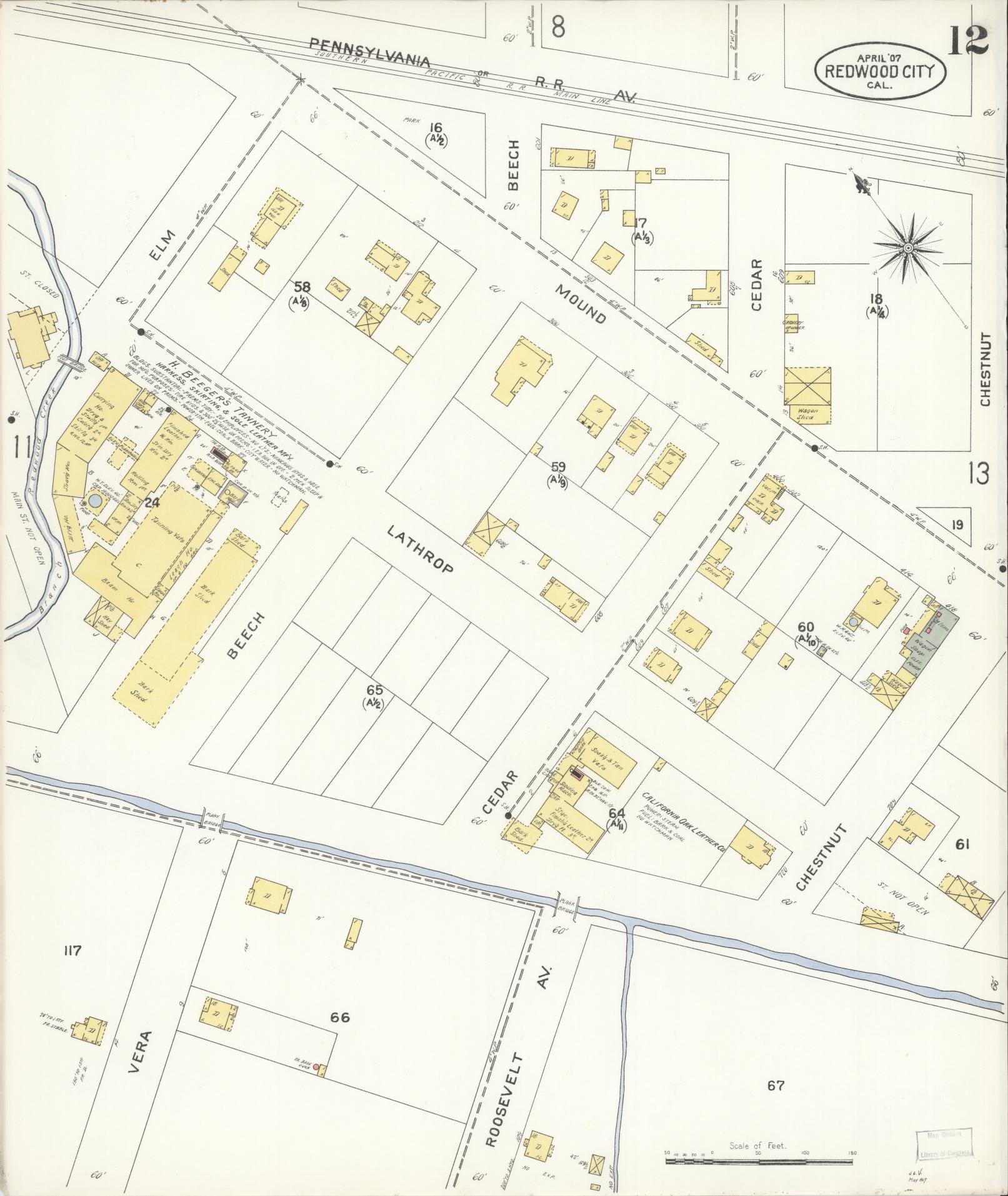 Sanborn Fire Insurance Map from Redwood City, San Mateo County, California (1907), Sheet #0012 - Complete Map Set gallery image, historic Sanborn map, vintage wall art, California California