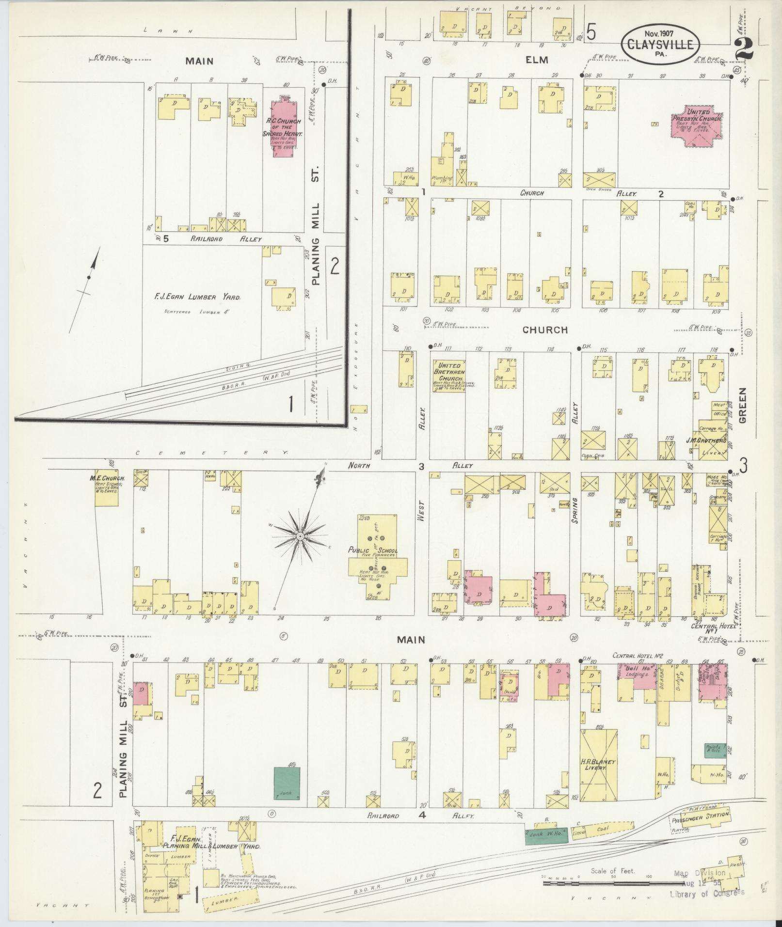 Sanborn Fire Insurance Map from Claysville, Washington County, Pennsylvania (1907), Sheet #0002 - Historic Sanborn Fire Insurance Map Print, vintage old map wall art, antique decor, genealogy gift, Pennsylvania Pennsylvania map