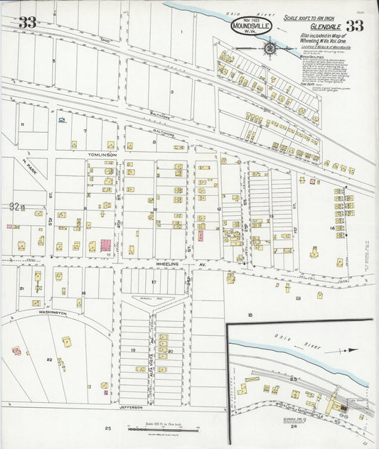 Sanborn Fire Insurance Map from Moundsville, Marshall County, West Virginia (1923), Sheet #0033 - Historic Sanborn Fire Insurance Map Print, vintage old map wall art, antique decor, genealogy gift, West Virginia West Virginia map