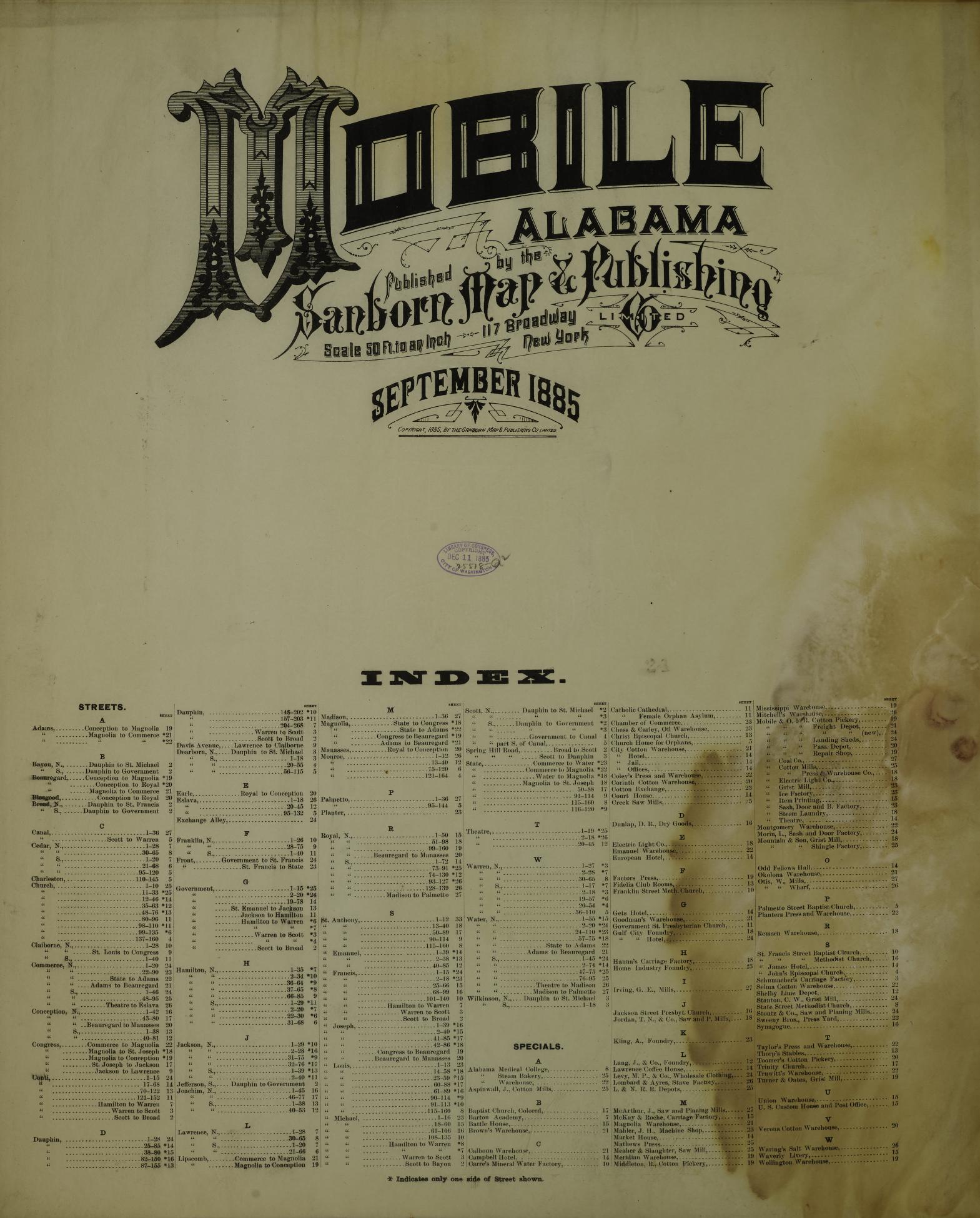 Sanborn Fire Insurance Map from Mobile, Mobile County, Alabama (1885), Sheet #0001 - Historic Sanborn Fire Insurance Map Print, vintage old map wall art, antique decor, genealogy gift, Alabama Alabama map