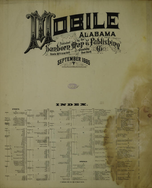 Sanborn Fire Insurance Map from Mobile, Mobile County, Alabama (1885), Sheet #0001 - Historic Sanborn Fire Insurance Map Print, vintage old map wall art, antique decor, genealogy gift, Alabama Alabama map