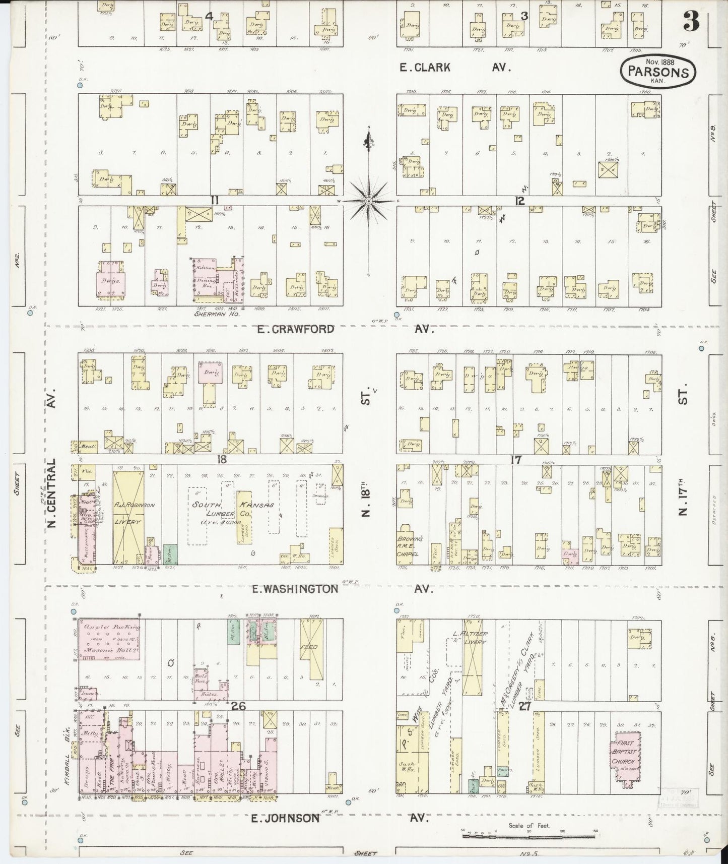 Sanborn Fire Insurance Map from Parsons, Labette County, Kansas (1888), Sheet #0003 - Complete Map Set gallery image, historic Sanborn map, vintage wall art, Kansas Kansas