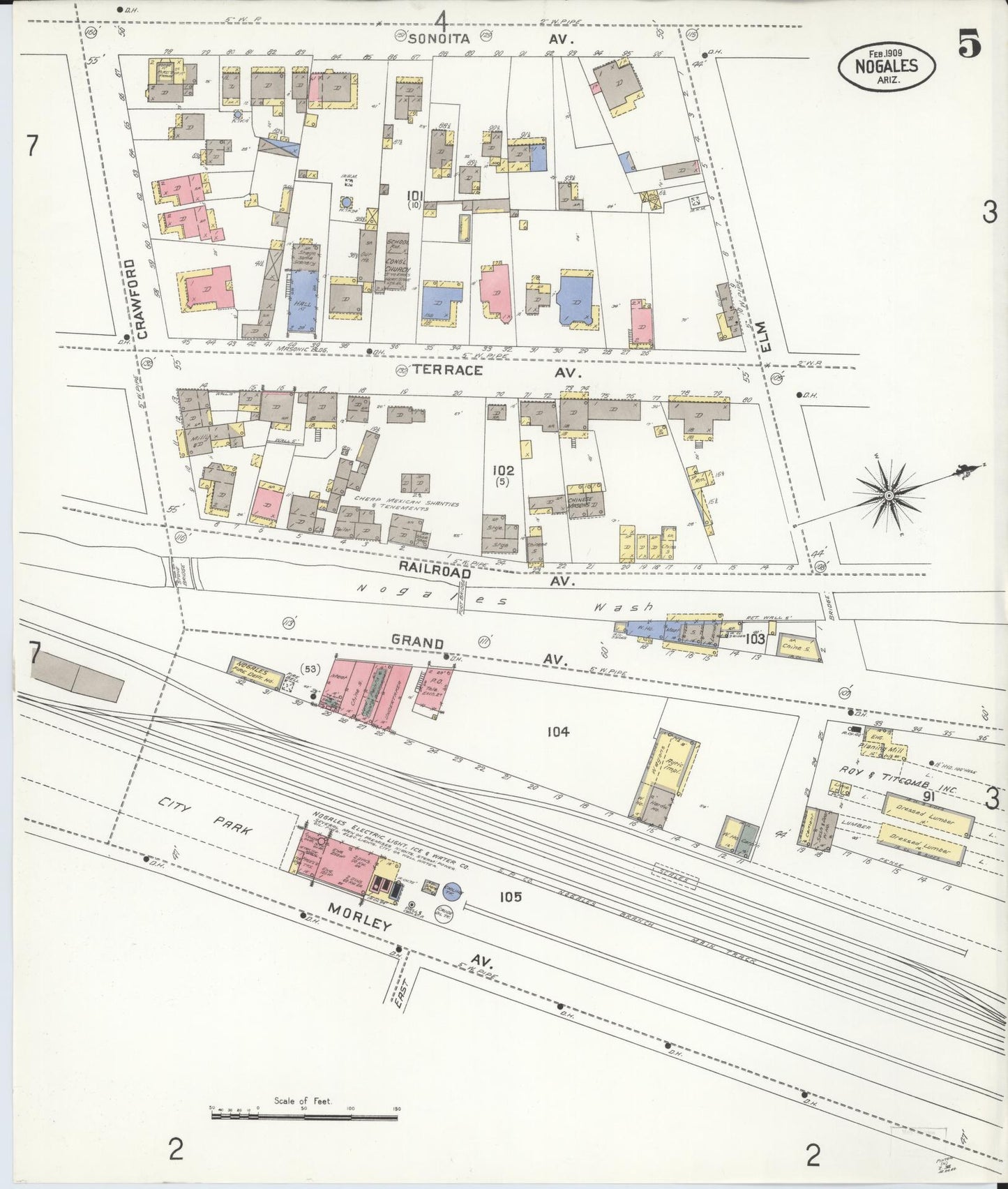 Sanborn Fire Insurance Map from Nogales, Santa Cruz County, Arizona (1909), Sheet #0005 - Complete Map Set gallery image, historic Sanborn map, vintage wall art, Arizona Arizona