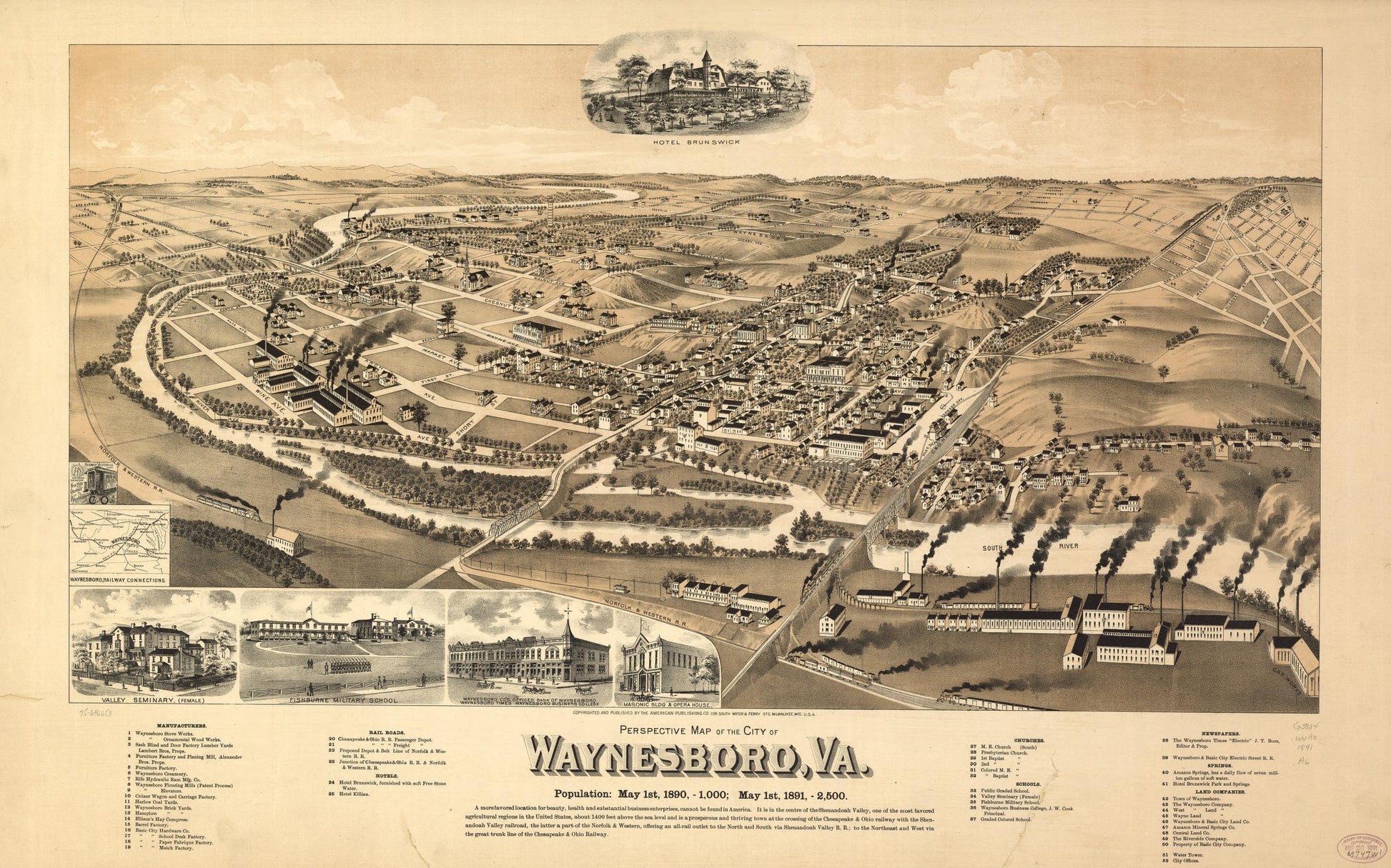Perspective map of the city of Waynesboro, Va. (1891) – Historic Bird’s-Eye View Panorama Print