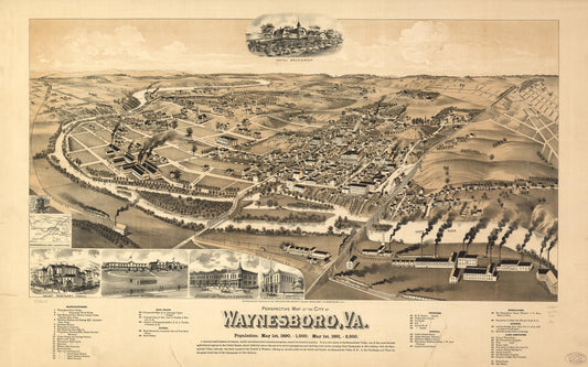Perspective map of the city of Waynesboro, Va. (1891) – Historic Bird’s-Eye View Panorama Print