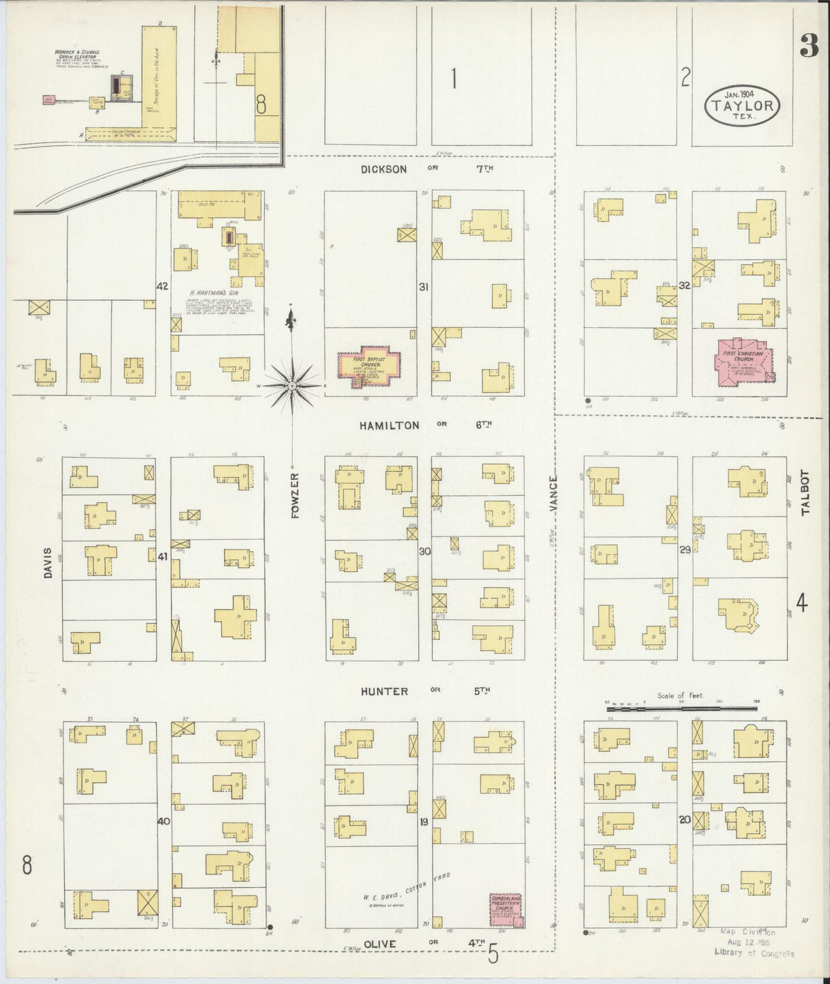 Sanborn Fire Insurance Map from Taylor, Williamson County, Texas (1904), Sheet #0003 - Complete Map Set gallery image, historic Sanborn map, vintage wall art, Texas Texas