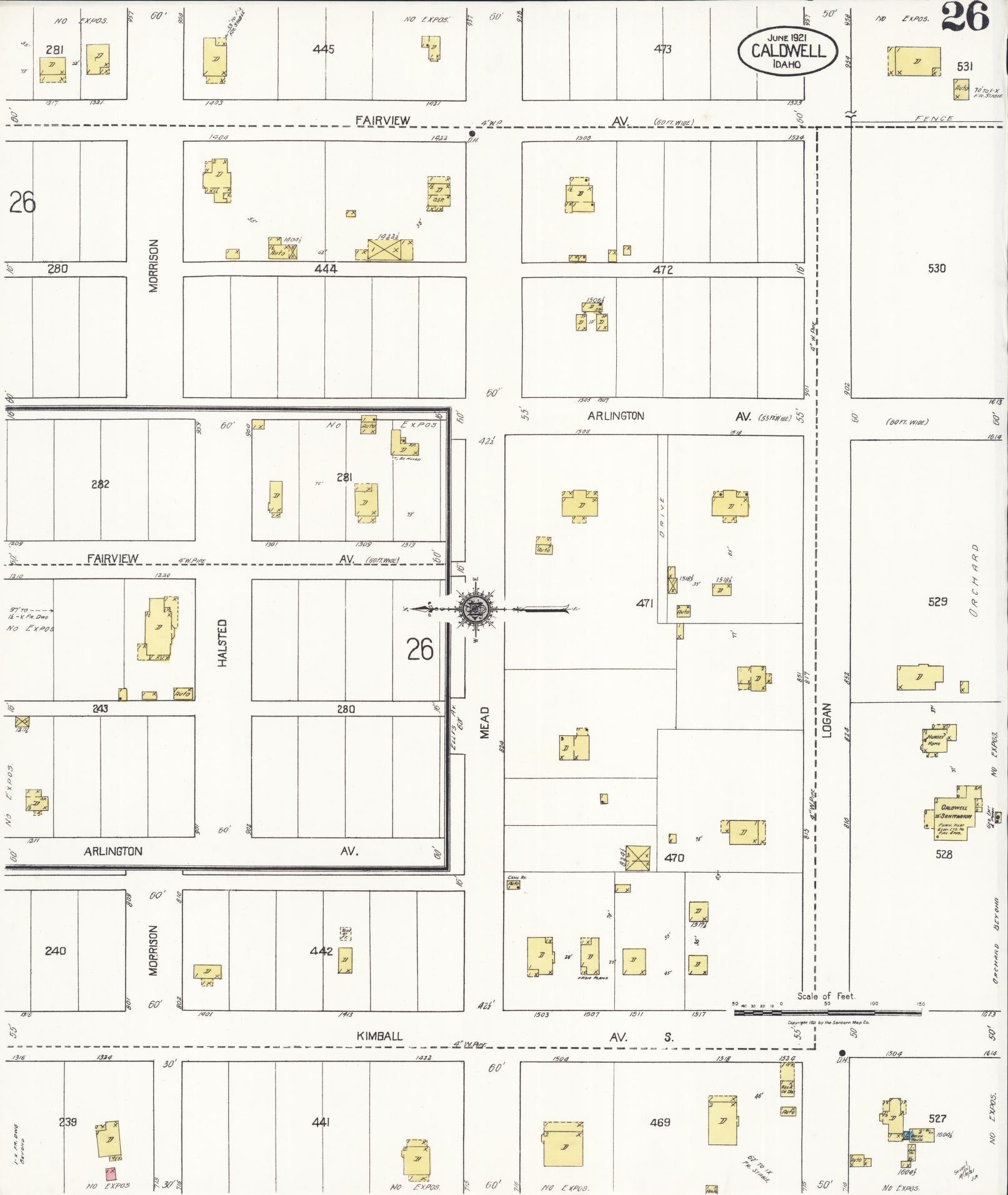 Sanborn Fire Insurance Map from Caldwell, Canyon County, Idaho (1921), Sheet #0026 - Historic Sanborn Fire Insurance Map Print, vintage old map wall art, antique decor, genealogy gift, Idaho Idaho map