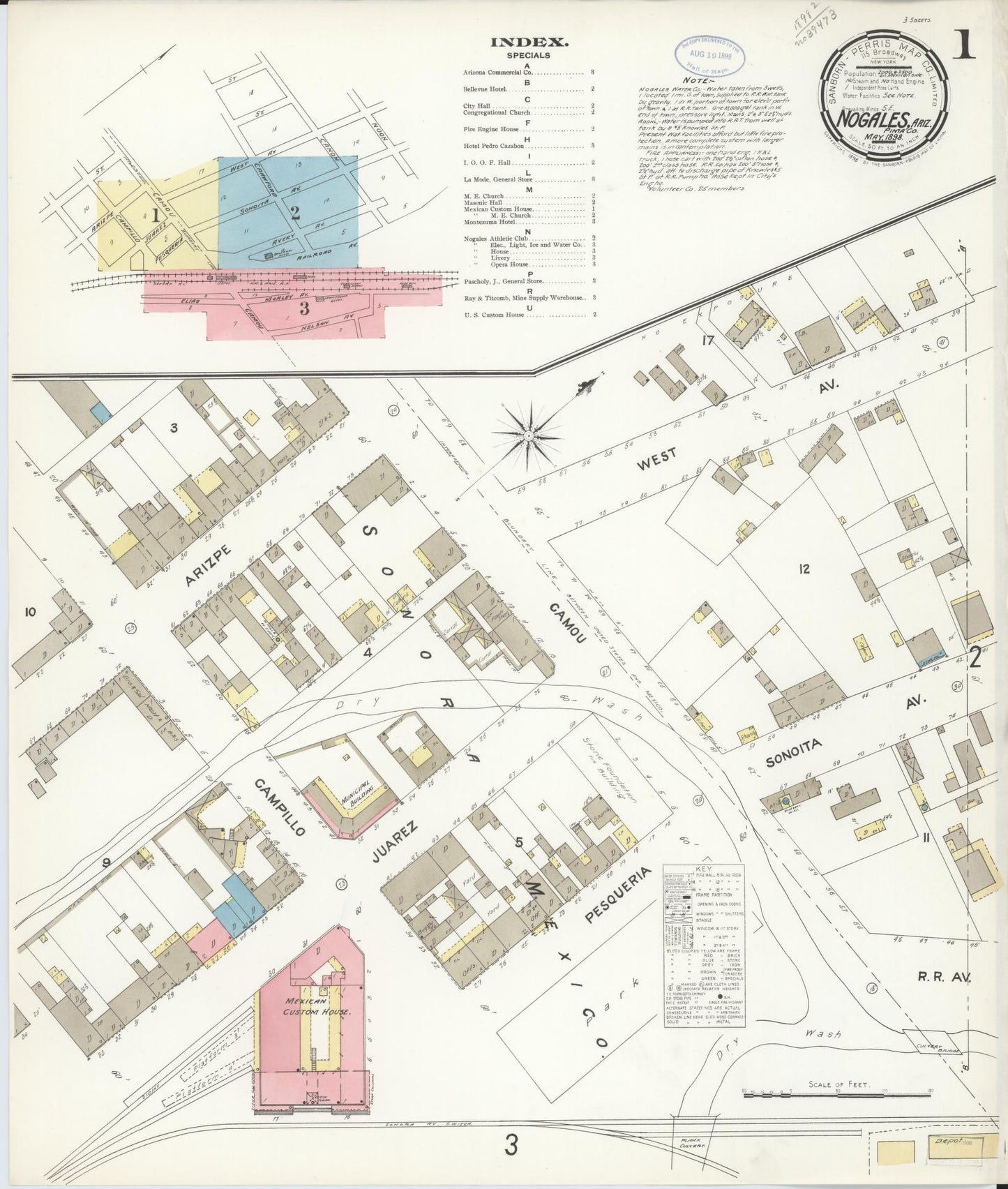 Sanborn Fire Insurance Map from Nogales, Santa Cruz County, Arizona (1898), Sheet #0001 - Complete Map Set gallery image, historic Sanborn map, vintage wall art, Arizona Arizona