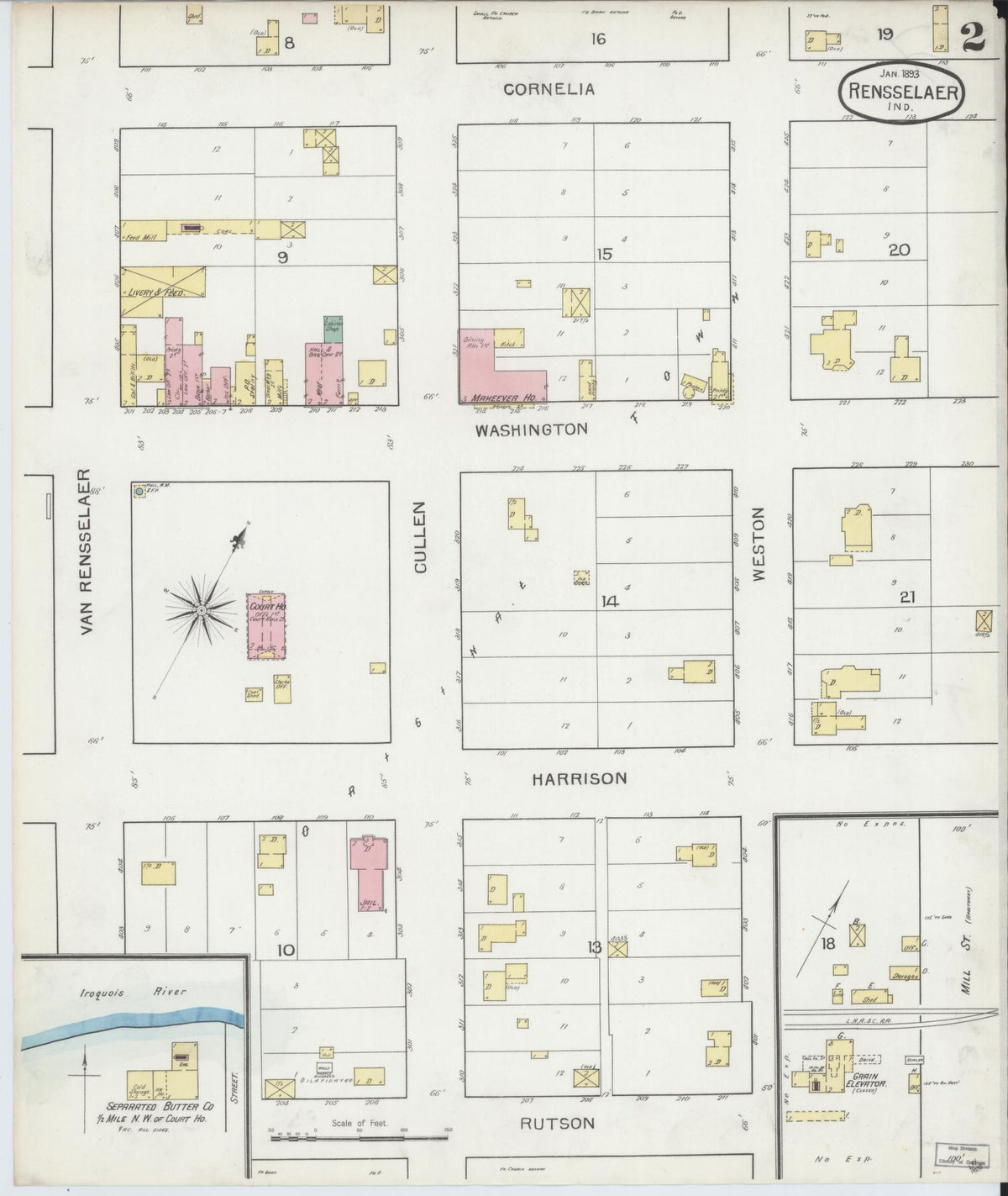 Sanborn Fire Insurance Map from Rensselaer, Jasper County, Indiana (1893), Sheet #0002 - Historic Sanborn Fire Insurance Map Print, vintage old map wall art, antique decor, genealogy gift, Indiana Indiana map