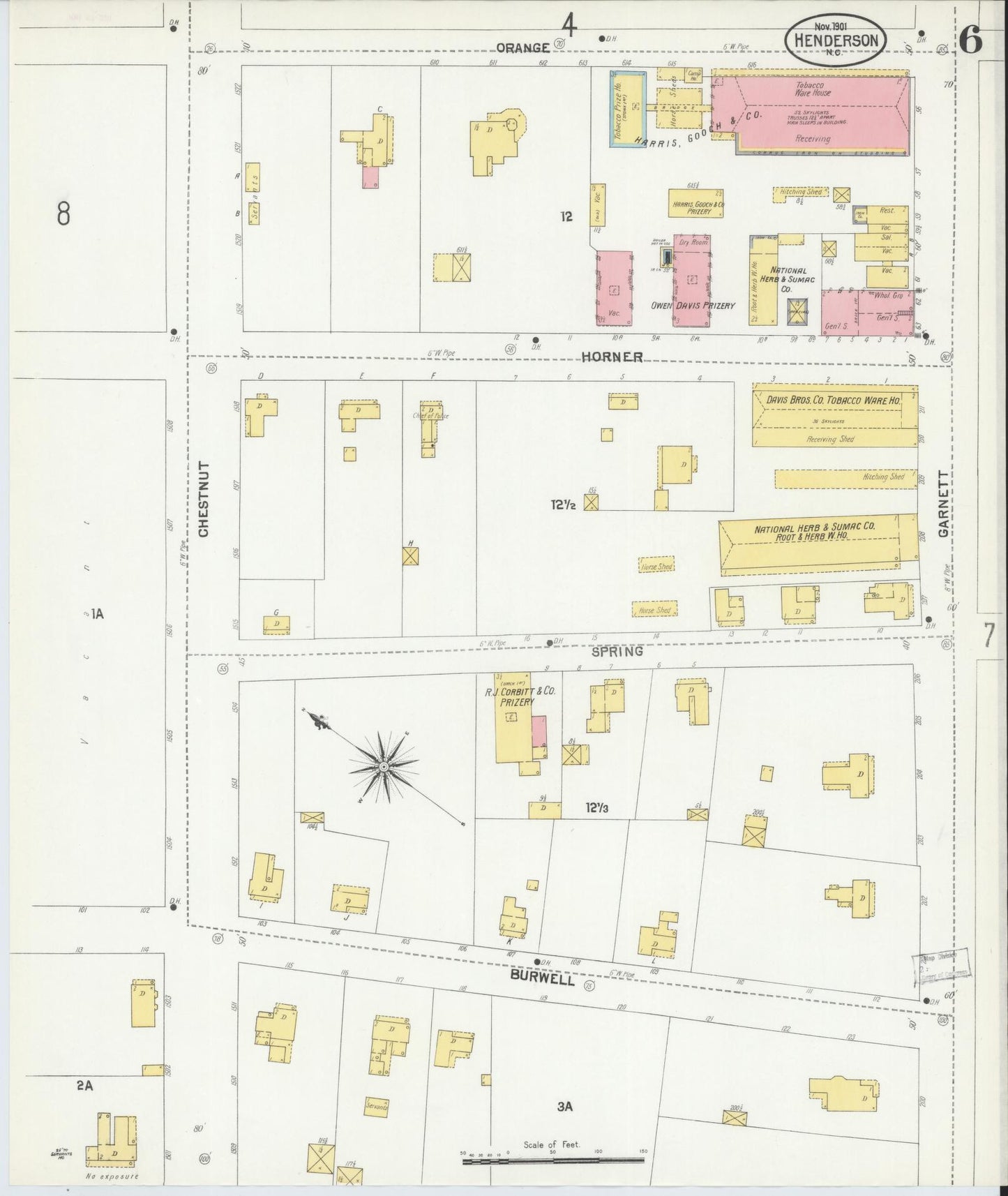 Sanborn Fire Insurance Map from Henderson, Vance County, North Carolina (1901), Sheet #0006 - Historic Sanborn Fire Insurance Map Print, vintage old map wall art, antique decor, genealogy gift, North Carolina North Carolina map
