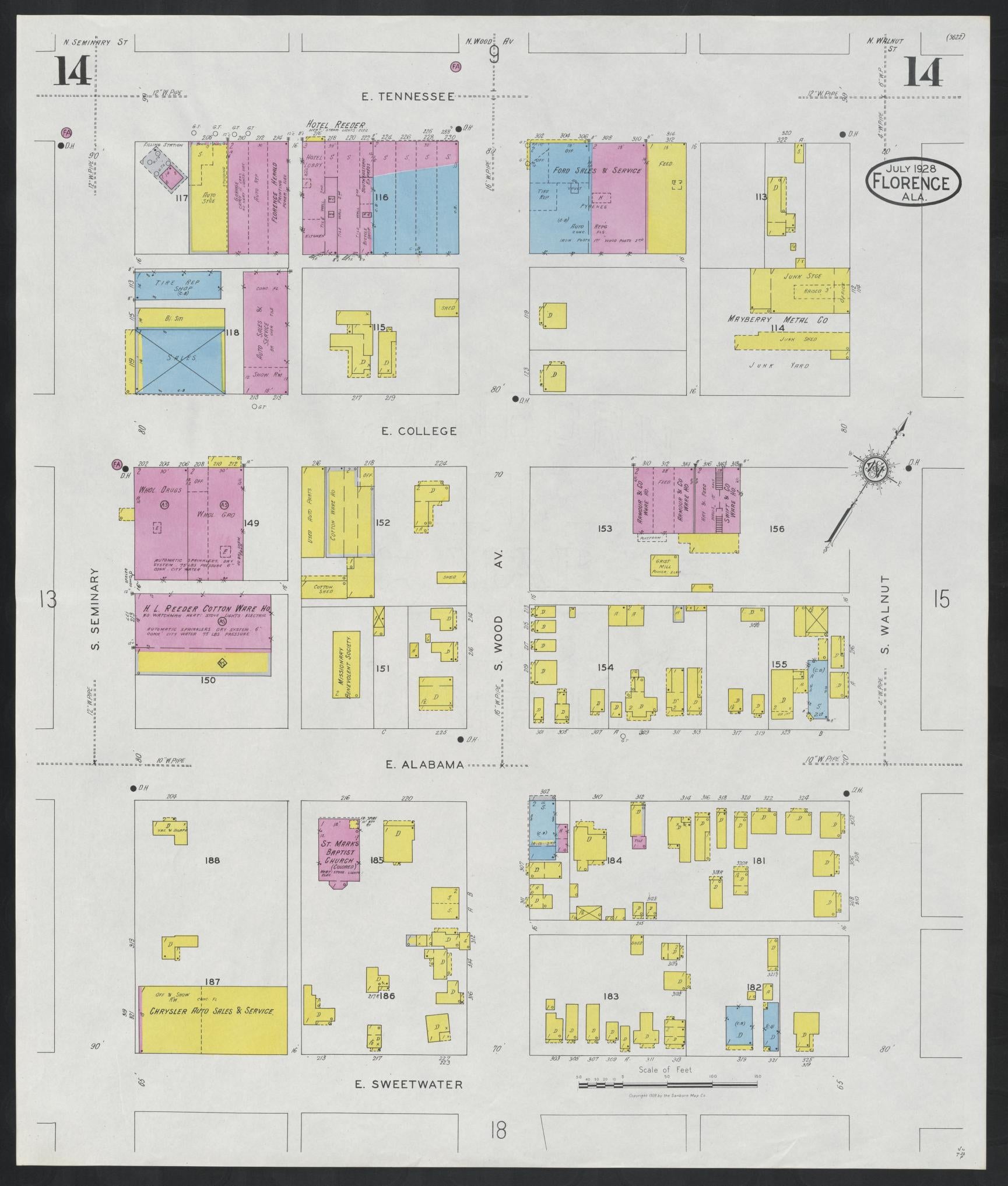 Sanborn Fire Insurance Map from Florence, Lauderdale County, Alabama (1928), Sheet #0014 - Complete Map Set gallery image, historic Sanborn map, vintage wall art, Alabama Alabama