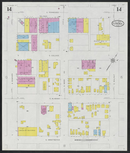 Sanborn Fire Insurance Map from Florence, Lauderdale County, Alabama (1928), Sheet #0014 - Complete Map Set gallery image, historic Sanborn map, vintage wall art, Alabama Alabama