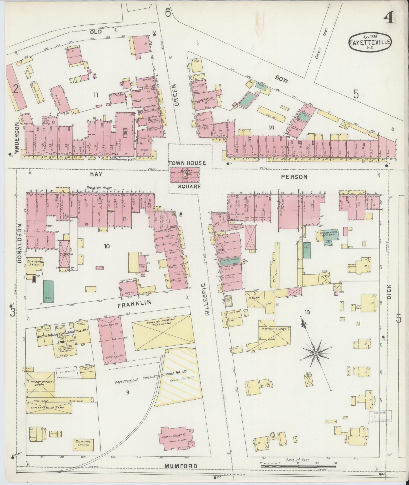 Sanborn Fire Insurance Map from Fayetteville, Cumberland County, North Carolina (1896), Sheet #0004 - Historic Sanborn Fire Insurance Map Print, vintage old map wall art, antique decor, genealogy gift, North Carolina North Carolina map