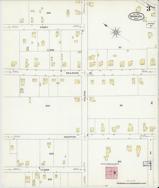 Sanborn Fire Insurance Map from Norwood, Norfolk County, Massachusetts (1909), Sheet #0003 - Historic Sanborn Fire Insurance Map Print, vintage old map wall art, antique decor, genealogy gift, Massachusetts Massachusetts map