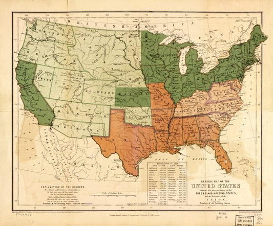 General map of the United States, showing the area and extent of the free & slave-holding states, and the territories of the Union Civil War Map (1857) - Historic Battlefield Map Reprint