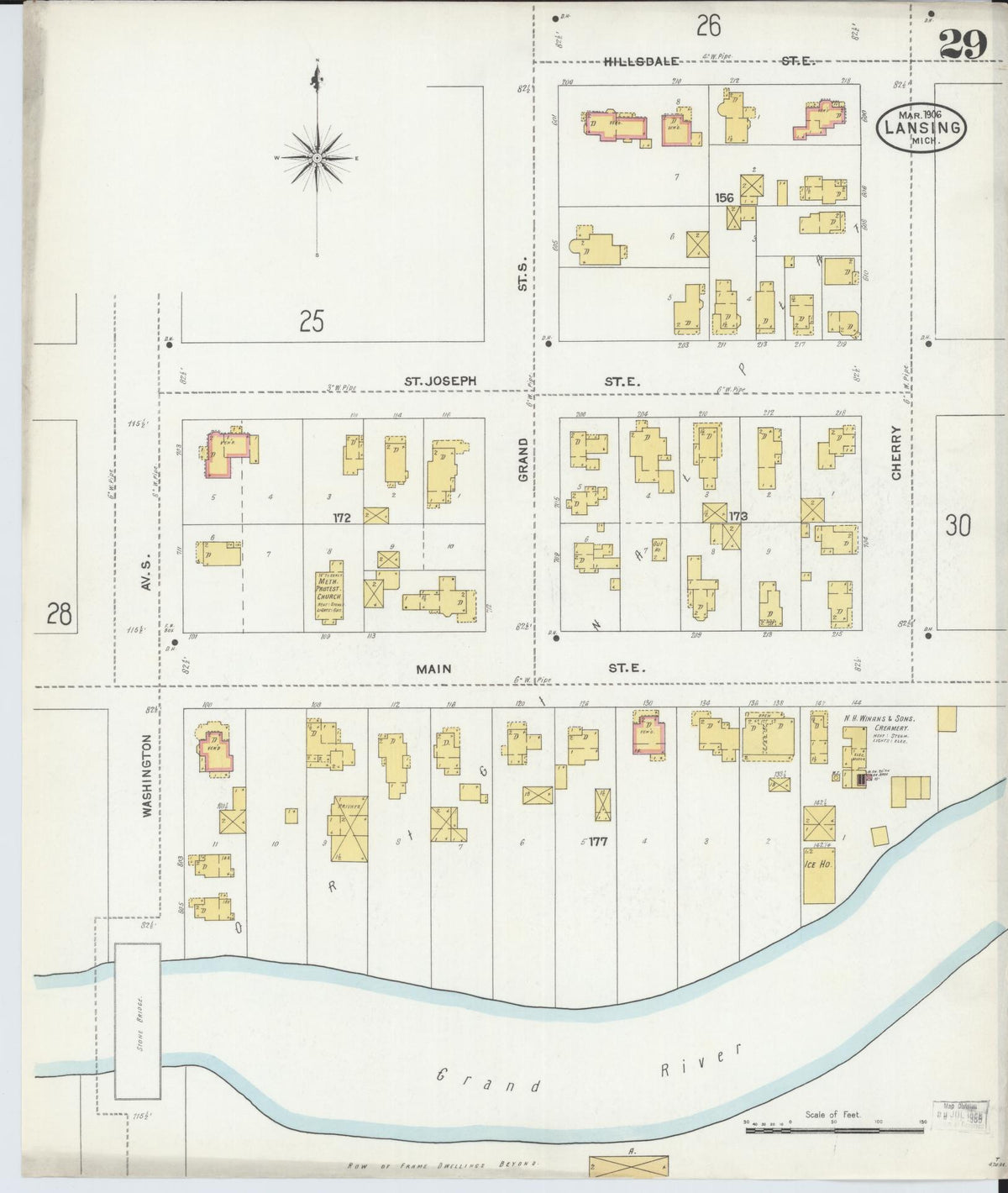 Sanborn Fire Insurance Map from Lansing, Ingham County, Michigan (1906), Sheet #0029 - Historic Sanborn Fire Insurance Map Print, vintage old map wall art, antique decor, genealogy gift, Michigan Michigan map
